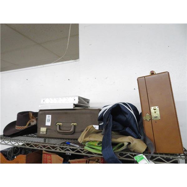 Shelf of Cowboy Hats, Wine Case and Bags