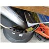 Image 2 : Metal Basket w/Skateboard, Window Blinds, Oil Recover, Road Atlas