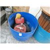 Image 1 : Plastic Bucket w/Wheels and Gas Can