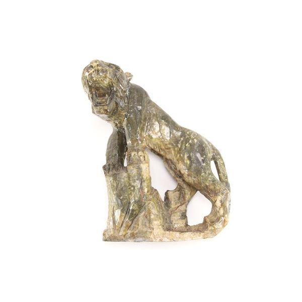 Olive Drab Climbing Lion Jadeite Carved Sculpture