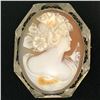 Vintage 14K White Gold Bezel Set Oval Open Detailed Work Cameo Pin Brooch