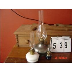 (3) OIL LAMPS; PEWTER; MILK GLASS BODY; COBALT MINI LARGE CLEAR BODY/BASE OIL LAMP