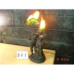 BRONZE STYLE LAMP WITH BOY AND GIRL BASE AND 3 YELLOW TULIP SHADES