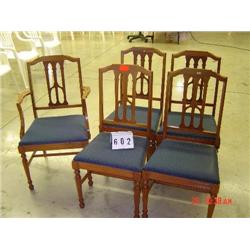 (5) MATCHING WALNUT DINING TABLE CHAIRS - BLUE UPHOLSTERED SEATS, (1) IS A CAPTAIN'S CHAIR, SLATBACK