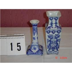 2 BLUE/WHITE CHINA PIECES - CANDLEHOLDER, VASE