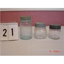 3 GLASS JARS - MASON 2/3 SIZE WITH ZINC LID, ATLAS STRONG SHOULDER (BLUE TINT) WITH ZINC LID, AND UN
