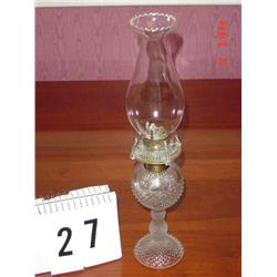 OIL LAMP - 14" TALL, THIN - CLEAR BASE w/ raised and graduated squared pattern, clear chimney