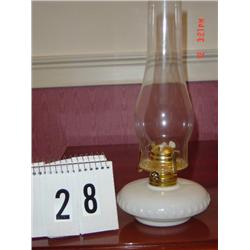 OIL LAMP - 14" TALL, SHORT WHITE GLASS BASE, clear chimney