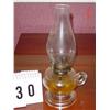 Image 1 : OIL LAMP - 12" TALL, CLEAR PATTERNED BASE, LOOPED handle, clear chimney