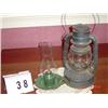 Image 1 : 2 LANTERNS - (1) 11" TALL GREEN METAL WITH CLEAR GLOBE, AND (1) 13" TALL GRAY METAL HANGING LANTERN