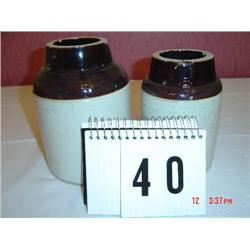 2 CROCKS - SMALL 7" AND MEDIUM 8" SIZES - WHITE BASE, BROWN TOPS