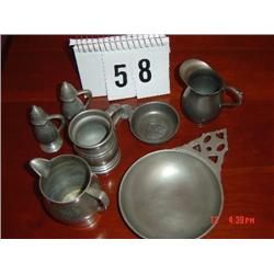 PEWTER PIECES (7) - INCLUDING (2) PORRINGERS, (2)CREAMERS, SALT/PEPPER, SMALL TANKARD