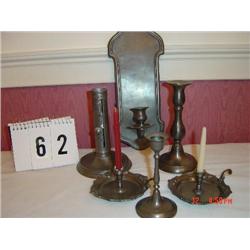 PEWTER CANDLEHOLDERS (5), INCLUDING 1 WALL SCONCE
