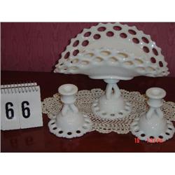 MILK GLASS SET OF (2) CANDLEHOLDERS AND FOLDED STANDING PLATTER