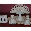 Image 1 : MILK GLASS SET OF (2) CANDLEHOLDERS AND FOLDED STANDING PLATTER