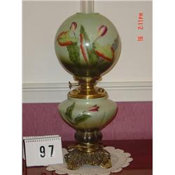 26" TALL GREEN GONE WITH THE WIND STYLE HAND-PAINTED LAMP AND BRASS BASE & FITTINGS - ELECTRIFIED