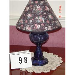 21" BLUE GLASS LAMP WITH HEART PATTERN AND FLORAL PAPER SHADE
