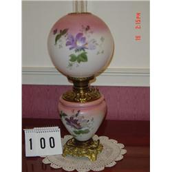 27" TALL GONE WITH THE WIND STYLE LAMP - PINK AND WHITE HAND PAINTED LAMP WITH PURPLE FLOWERS AND GR