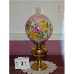 23" TALL BRASS OIL LAMP (ELECTRIFIED) WITH HAND PAINTED YELLOW AND PINK LARGE ROSES ON GLOBE