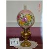 Image 1 : 23" TALL BRASS OIL LAMP (ELECTRIFIED) WITH HAND PAINTED YELLOW AND PINK LARGE ROSES ON GLOBE