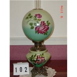 27" TALL GONE WITH THE WIND STYLE LAMP - GREEN HAND-PAINTED GLOBE & BASE WITH LARGE DARK PINK ROSES 
