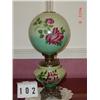 Image 1 : 27" TALL GONE WITH THE WIND STYLE LAMP - GREEN HAND-PAINTED GLOBE & BASE WITH LARGE DARK PINK ROSES 