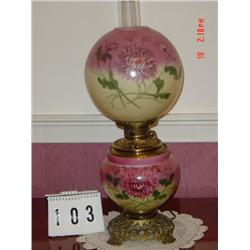 25" TALL GONE WITH THE WIND STYLE LAMP WITH PINK AND GREEN PAINTED BASE AND GLOBE WITH HAND PAINTED 