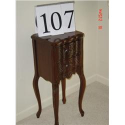 SMALL WOOD 2 DRAWER TABLE - 29" high x 12" wide - carving and scalloped edge on front/drawers - some