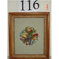 25" X 21" WOOD FRAMED NEEDLEPOINT (BEIGE BACKGROUND, FRUIT & FLOWERS)