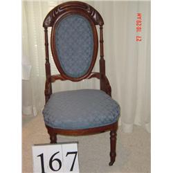 WALNUT GOTHIC SLIPPER CHAIR W/ CARVING AND BLUE VELVET UPHOLSTERY