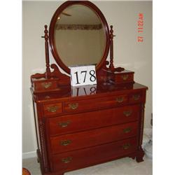 WILLETT CHERRY DRESSER, OVAL SCROLL MIRROR, GLOVE BOXES, 4 DRAWERS - 69" (at top of mirror) X 46" WI