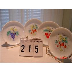 4 MILK GLASS DESSERT PLATES WITH BEADED EDGES - MARKED WITH "M" INSIDE "G"