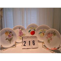 5 MILK GLASS DESSERT PLATES W/ FLORALS AND BEADED EDGES - UNMARKED
