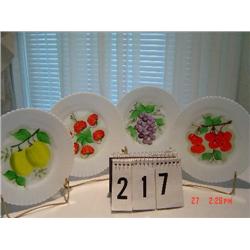4 MILK GLASS DESSERT PLATES W/FRUIT AND SMALL FLUTED EDGES - MARKED MADE IN USA