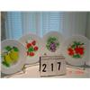 Image 1 : 4 MILK GLASS DESSERT PLATES W/FRUIT AND SMALL FLUTED EDGES - MARKED MADE IN USA