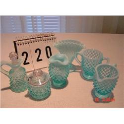 6 PIECES OF SMALL BLUE HOBNAIL ITEMS - 2-HANDLED SUGAR JAR; PITCHER; CRUET W/ STOPPER; CONDIMENT JAR