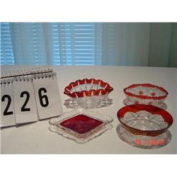 (4) RUBY & CLEAR PIECES - DIAGONAL DISH - "ST CLAIRSVILLE FAIR - 1917"; "SHELBYVILLE, IND" BOWL, FLU