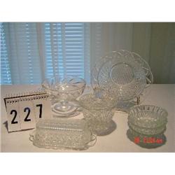 CLEAR PRESSED ASSORTED GLASS PIECES - COVERED BUTTER, 2 HANDLED COMPOTE, LATTICED BOWL, 3 BERRY BOWL