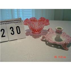 PINK FLUTED AND SCALLOPED HOBNAIL DISH AND PINK AND WHITE PORCELAIN CANDLEHOLDER WITH 4 FEET