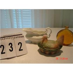 FENTON HEN ON NEST (AIRBRUSHED BY MIKE HUSK), AMBER FLAT BOTTLE, JOHNSON BROS. (ENGLAND) GRAVY BOAT