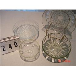 (4) ASSORTED AND UNMATCHING PRESSED BOWLS - 1 IS 3-FOOTED, 1 IS PLEATED EDGES, 1 IS LARGE THUMBPRINT