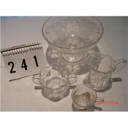 (4) UNMATCHING CLEAR GLASS PIECES - 1 LARGE FOOTED FRUIT BOWL, 2-HANDLED PANELED SUGAR JAR, PRESSED 