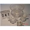 Image 1 : (4) UNMATCHING CLEAR GLASS PIECES - 1 LARGE FOOTED FRUIT BOWL, 2-HANDLED PANELED SUGAR JAR, PRESSED 