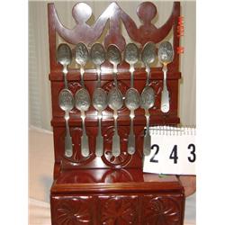 AMERICAN COLONIES SPOON COLLECTION - ON WOOD 2 TIER DISPLAY SHELF AND CARVED DRAWER (SPOONS FROM THE