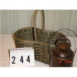WICKER DUAL CONTAINER BASKET AND OLD TIN JAR
