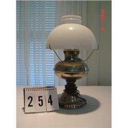 NICKEL BASE OIL LAMP (CONVERTED) WITH WHITE GLASS CHIMNEY