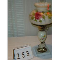 CHINA LAMP WITH PINK AND YELLOW ROSES ON BASE AND GLASS FLUTED SHADE ON SQUARE MARBLE BASE