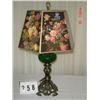 Image 1 : METAL BASE LAMP WITH GREEN GLASS CENTER AND BLACK BACKGROUND SHADE WITH FRUIT AND FLOWERS