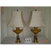 Image 1 : PAIR OF SOLID AMBER COLOR 2-HANDLED LAMPS WITH BRASS TONE BASES AND BEIGE DAMASK CLOTH SHADES