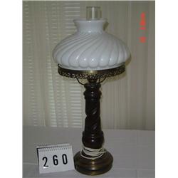 WOOD STEM LAMP WITH METAL BASE AND WHITE GLASS SWIRL SHADE